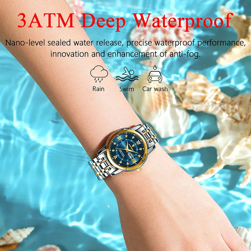 Relojes dorados para mujer, pulsera de acero inoxidable con diamantes de imitación de lujo, Relojes de pulsera de cuarzo para mujer, reloj luminoso resistente al agua con fecha