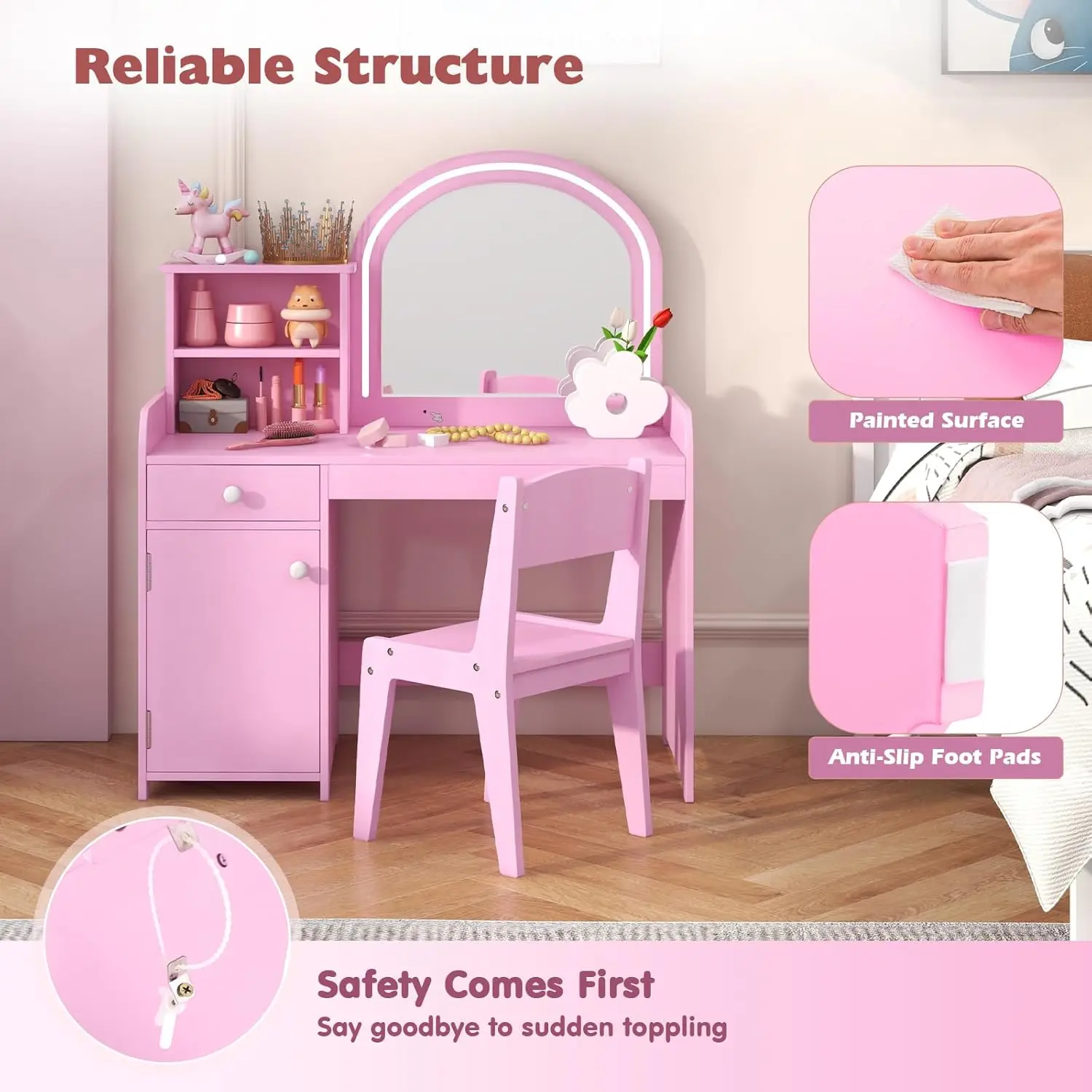 Kids Vanity Set with Lighted Mirror, Toddler Makeup Dressing Princess Table & Chair Set with Shelves, Drawer & Cabinet, Pretend
