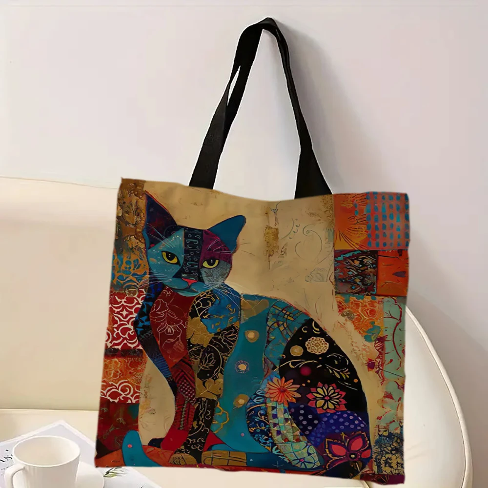 Bolso de mano con diseño floral de gato, bolso de mano decorativo con patrón retro, bolso de hombro de uso informal diario, bolso de compras práctico de gran capacidad