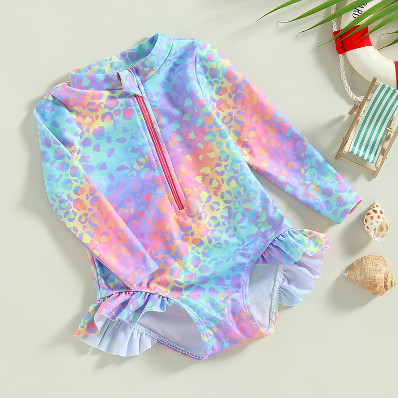 Baby Girl Fish Scale Print Swimsuit 1Piece Long Sleeve Swimwear Floral Zipper Ruffle Toddler Bathing Suit Beach Outfit