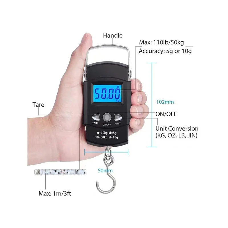 Waga elektroniczna 110lb/50kg Niebieskie podświetlenie Wyświetlacz LCD z miarką Waga taśmowa Cyfrowa waga wędkarska Wiszący hak Narzędzie