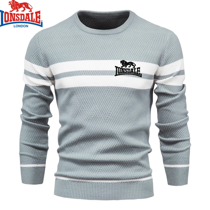 수 놓은 LONSDALE 남성용 겨울 스트라이프 스웨터 두꺼운 따뜻한 풀오버 남성용 오 넥 기본 캐주얼 슬림 편안한 스웨터