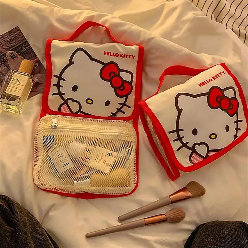 Sanrio 헬로 키티 화장품 가방 만화 귀여운 대용량 접이식 보관 여행 가방 Kawaii 휴대용 휴대용 격자 무늬 가방