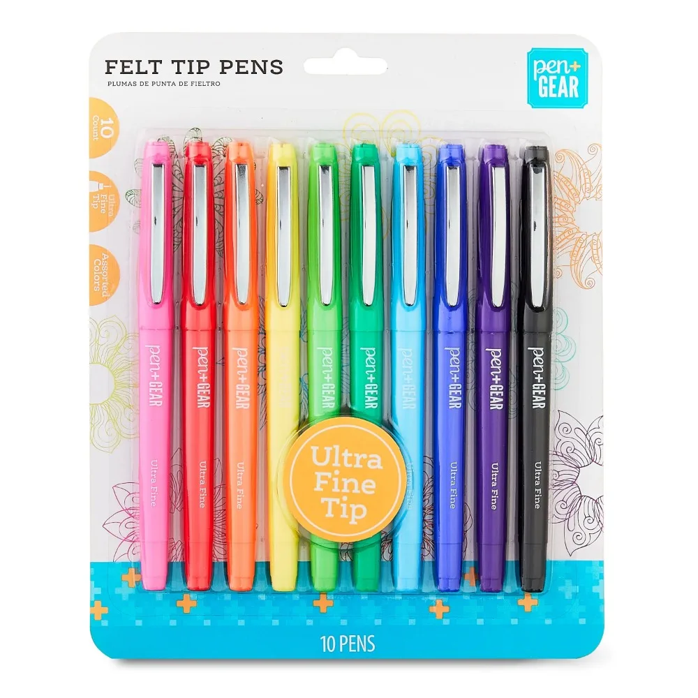 Felt-Tip Pens, Ultra Fine, Assorted Colors, 10 Pack