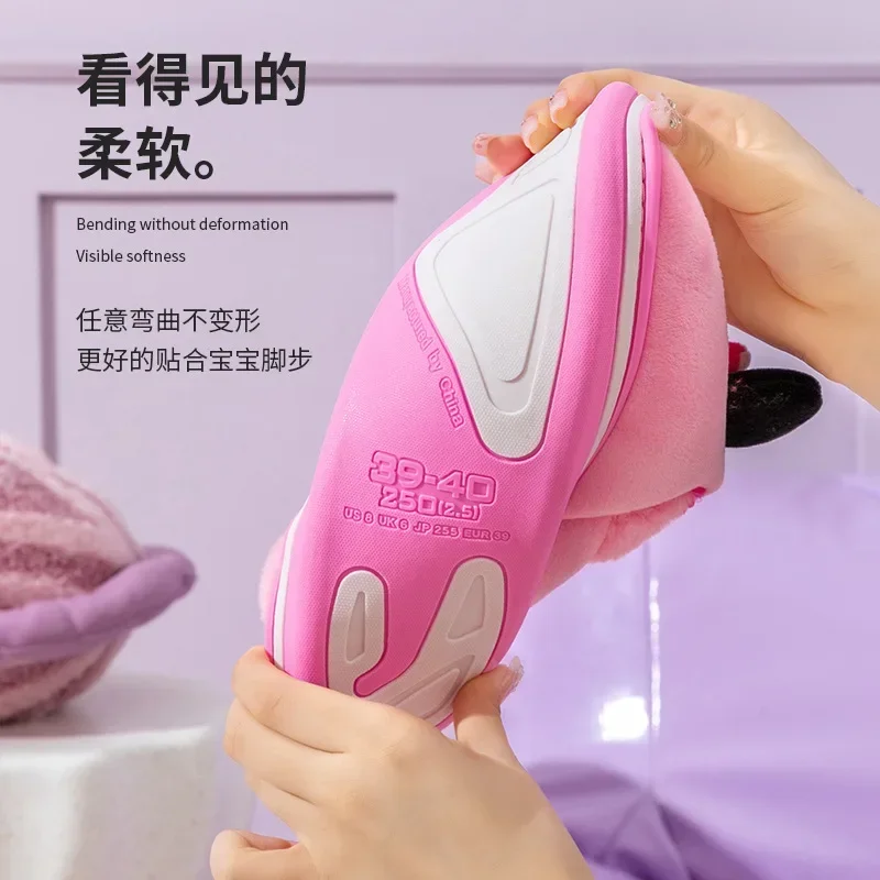 Disney Minnie เด็กรองเท้าแตะผ้าฝ้ายกระเป๋าส้นฤดูหนาวเด็กลื่นผม Mop รองเท้าบ้านในร่มน่ารักรองเท้าผ้าฝ้ายฤดูหนาว