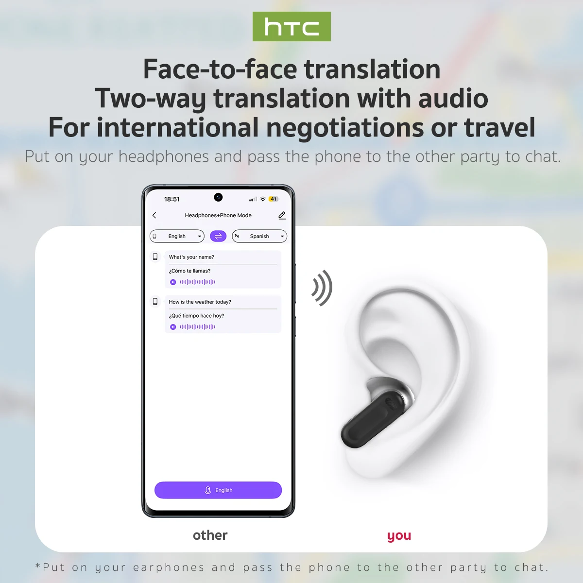 Traductor HTC NE20 nuevos auriculares inalámbricos Bluetooth 6,0 auriculares de traducción IPX4 clasificación de impermeabilidad batería de larga duración