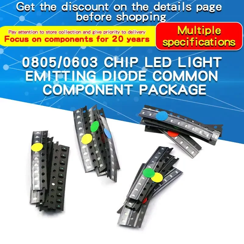 50PCS 5 Types Each with 10 Pieces 0805 0603 SMD LED Light-Emitting Diode Components Package Red, Blue, Green, Yellow and White