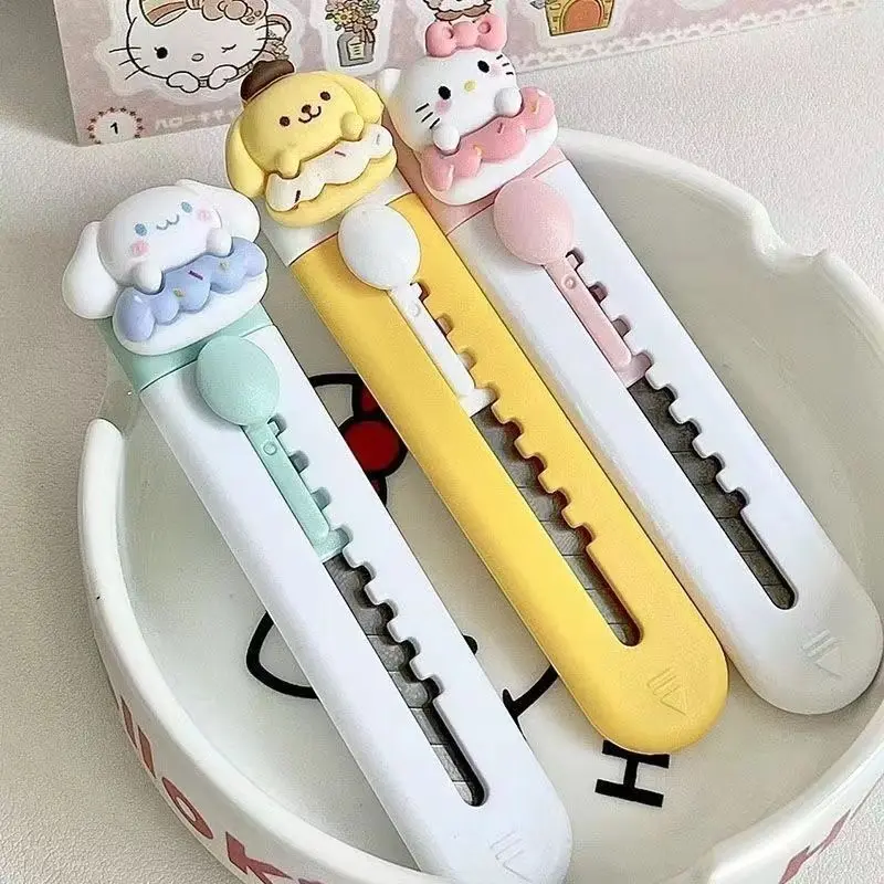 Couteau d'art dessin animé Hello Kitty cannelle, 3 pièces, mignon Purin Portable Express Unboxing, artefact de coupe de papier, outil d'art, cadeaux