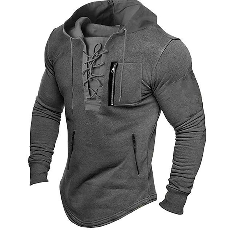 2024 hombres otoño primavera Top encaje hasta cordón Color sólido manga larga bolsillos con cremallera pulóver ropa de calle hombres Sudadera con capucha de longitud media