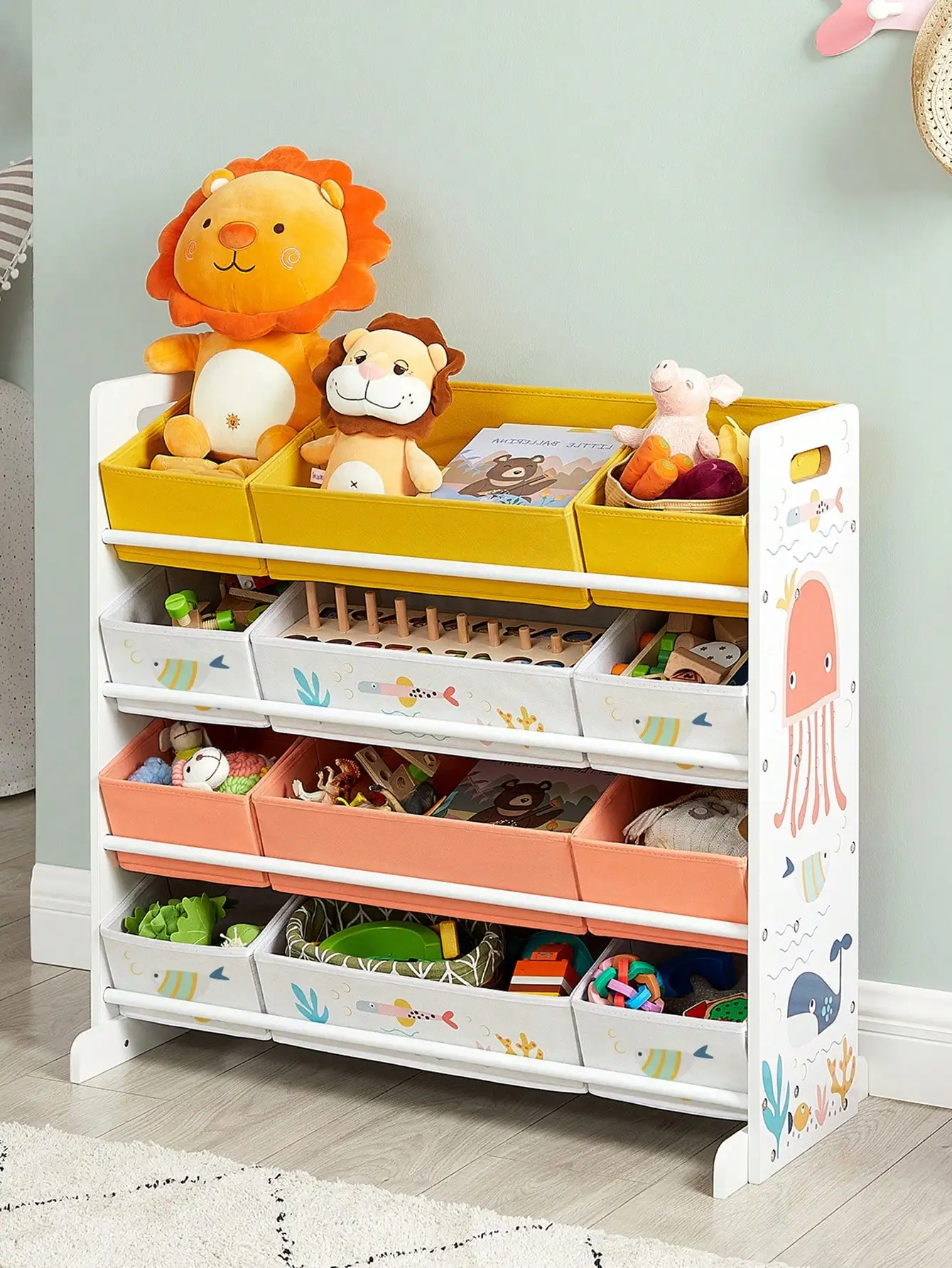 SONGMICS Scaffale per giocattoli con 12 contenitori in tessuto, organizer per libri per bambini, contenitore per sala giochi, multiuso, bianco