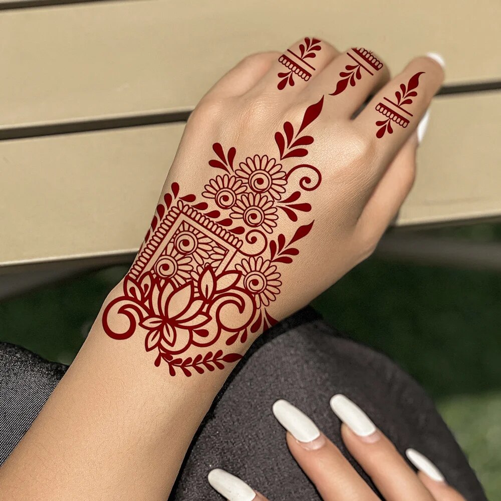 Pegatinas de tatuaje de Henna impermeables para mujer, tatuaje falso instantáneo de flores para tatuajes temporales de mano para fiesta de boda y Festival