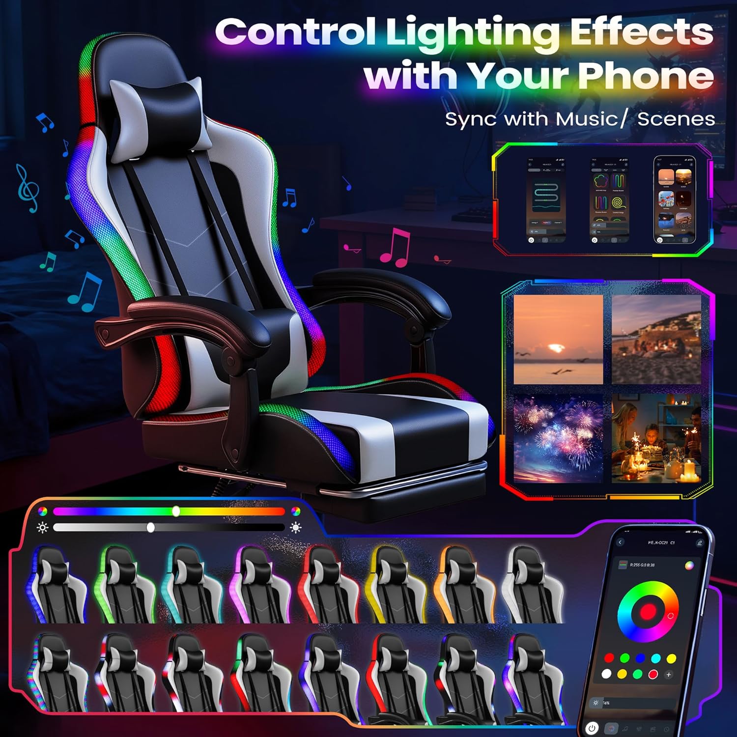 Gaming Chair, Video Game Chair with Footrest and Massage Lumbar Support, Ergonomic Computer Chair Height Adjustable