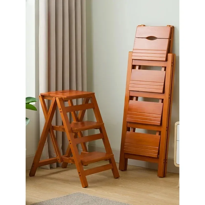 Sedia con scala pieghevole in legno massello per uso domestico, sgabello e scala a doppio uso, scala multifunzionale per interni per arrampicata e pedaling