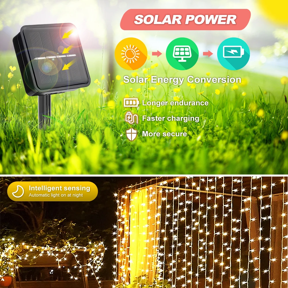 Luces de cortina solares LED, luces de hadas impermeables para exteriores con 8 modos para dormitorio, ventana, Patio, boda, vacaciones, decorativas