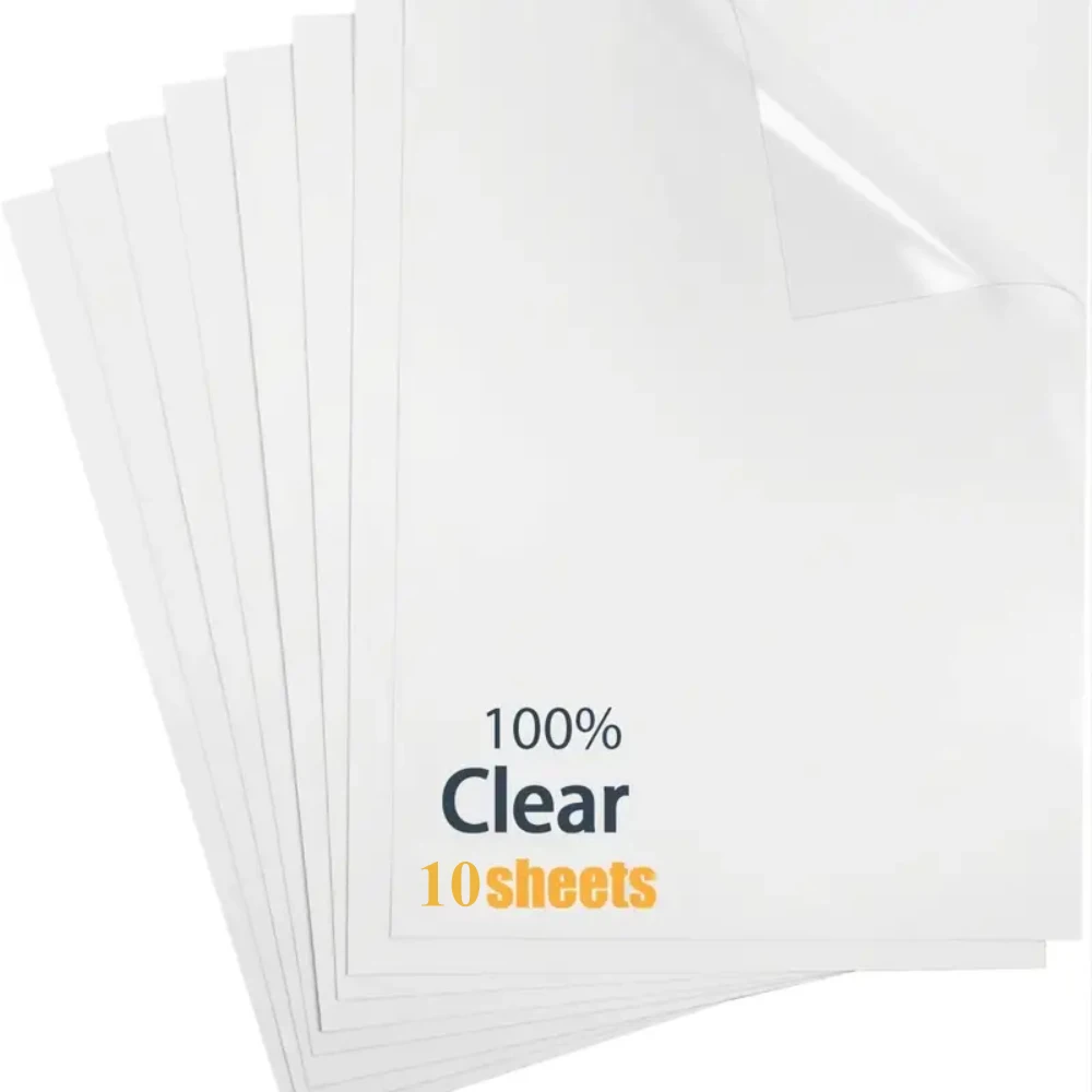 10 hojas de papel adhesivo de vinilo transparente 100%, etiqueta adhesiva A4 para impresora de inyección de tinta, No impermeable, papel adhesivo transparente y brillante DIY