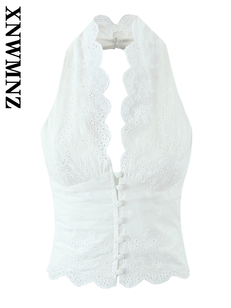 XNWMNZ 2024, новый зимний женский элегантный жилет с воротником-бретелькой, модный осенний женский жилет без рукавов, ажурный топ стандартной посадки