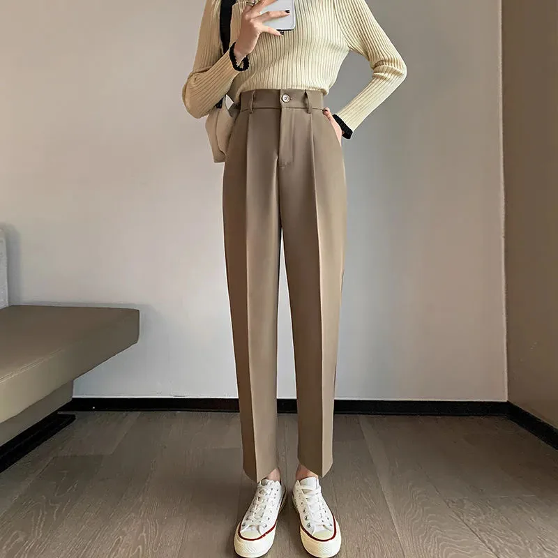 Lucyever, pantalones de traje rectos a la moda para mujer, ropa de oficina de cintura alta, pantalones pitillo formales, pantalones holgados coreanos que combinan con todo para mujer