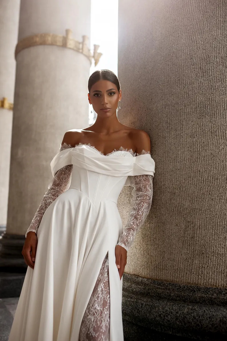 Prinzessin, schulterfrei, lange Ärmel, herzförmiger Spitzenapplikation, Boho-Strand, A-Linie, Brautkleider 2025, Vestido De Noiva