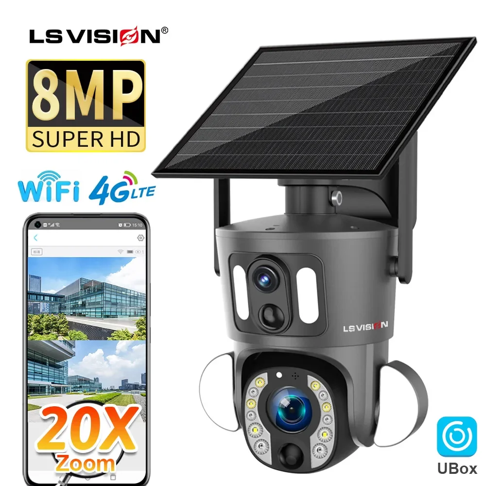 LS VISION 8MP 20X Zoom óptico pantalla Dual 4G Sim cámara Solar 4K WiFi PTZ doble PIR detección humanoide seguimiento automático cámara CCTV