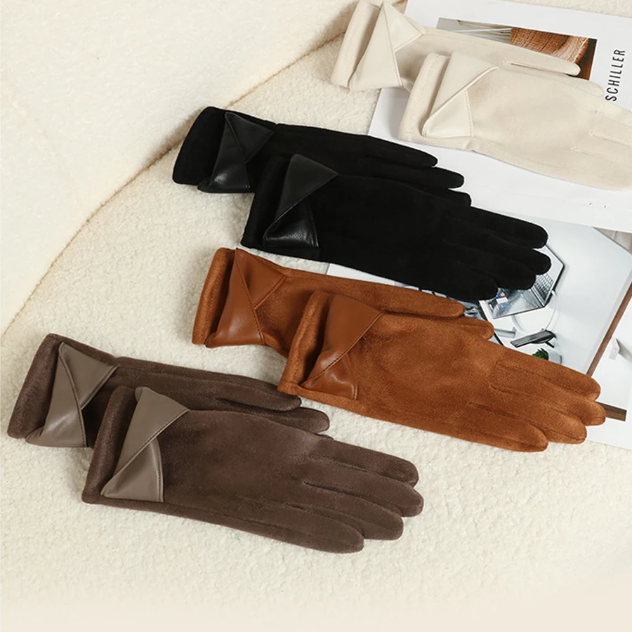 Korean version of warm gloves for women's winter fashion, simple temperament, and velvet anti cold touch screen riding windproof