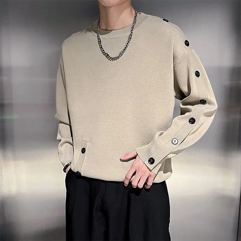 2024 Frühling und Herbst und Winter Mode personal isierte Rundhals ausschnitt Knopf Design einfarbig einfache lose Langarm pullover