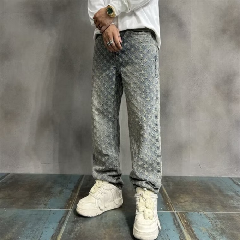 Jacquard All Over High Street Jeans Mens 2024 새로운 스트레이트 리프트 패턴 루즈 와이드 레그 청바지 캐주얼 보이프렌드 청바지 바지 조수