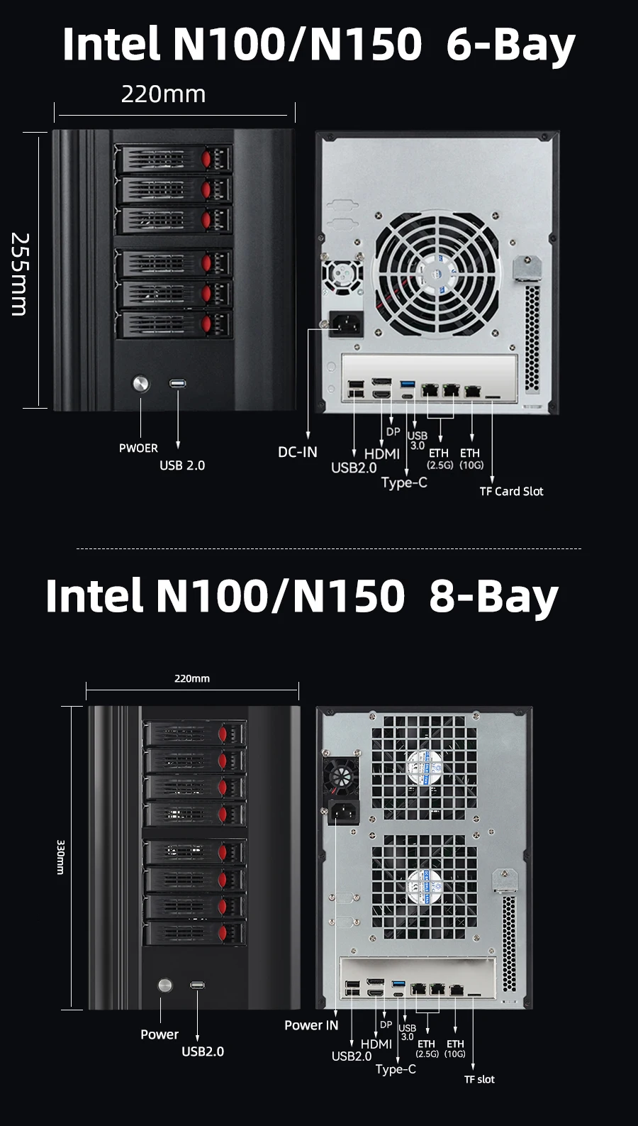 XCY X108 NAS 4/6/8 отсеков 2,5/3,5-дюймовый жесткий диск SATA Intel N150 DDR5 M.2 NVMe SSD 10G Ethernet Type-C Windows11 Linux RAID FreeNas