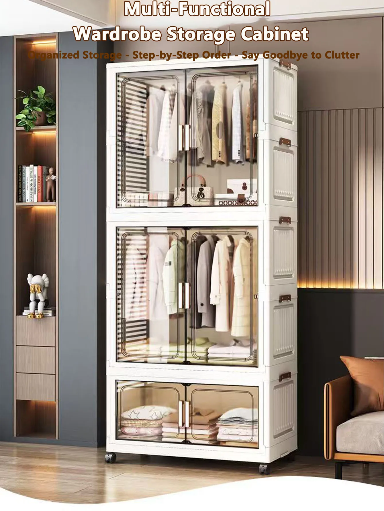 Foldable Storage Cabinet Multi-Scene Closet Organizer for Home Office Kitchen Bathroom Space Saver with Doors