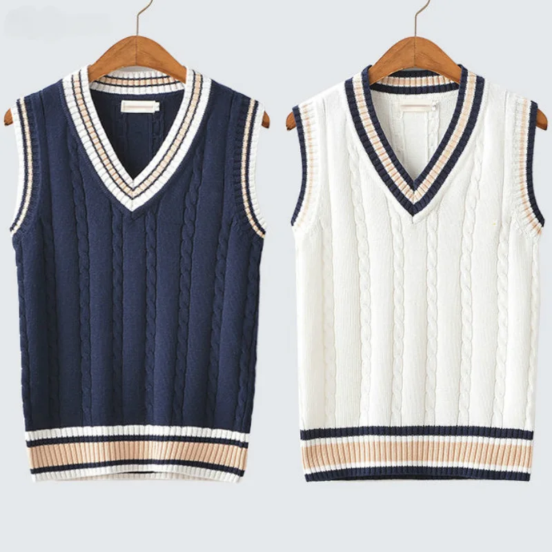 Camisola colete masculino engrossar com decote em v sem mangas blusas de malha coletes listrado retro estilo preppy simples chique solto casual all-match