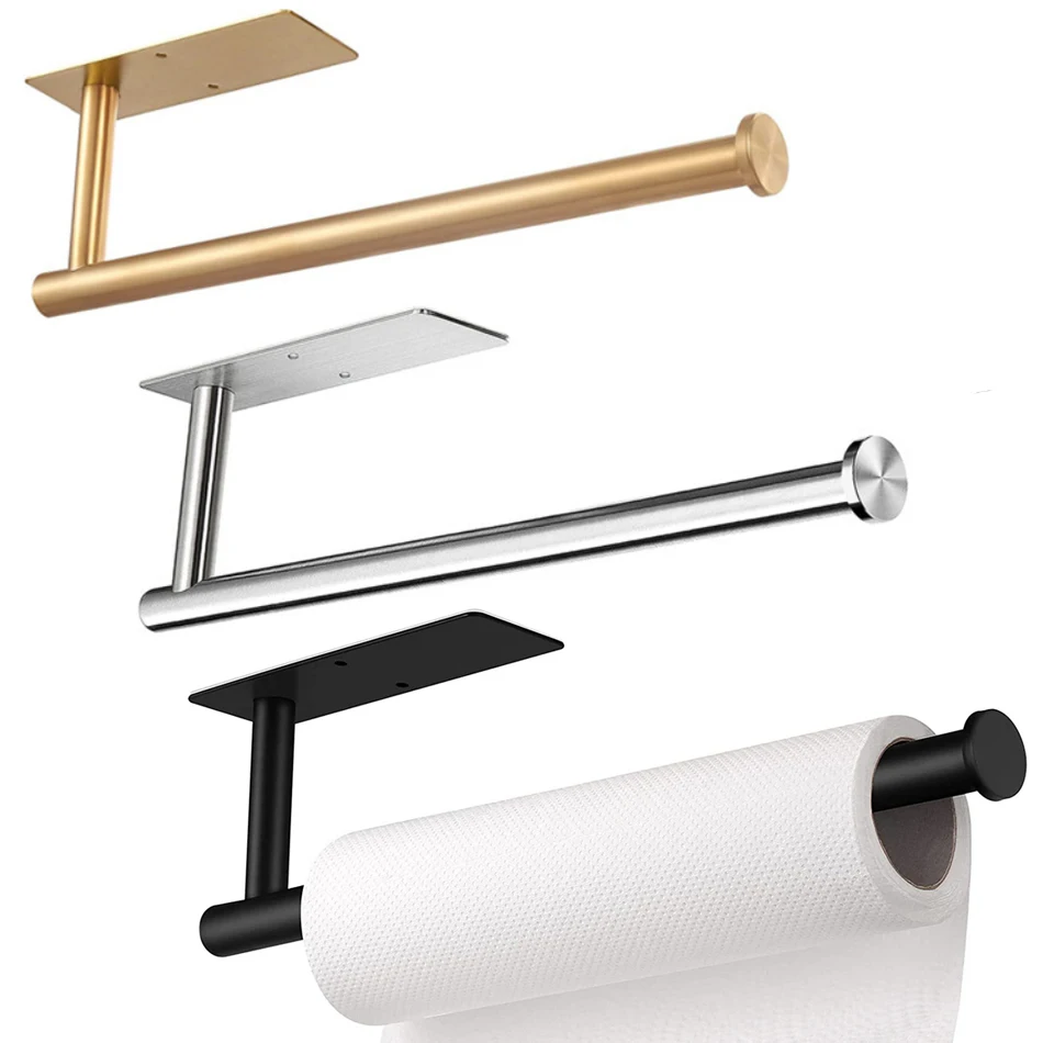 Soporte de papel higiénico adhesivo, estante de rollo de toalla de papel de Oro pulido de acero inoxidable 304, colgador de pañuelos largo negro para baño y cocina