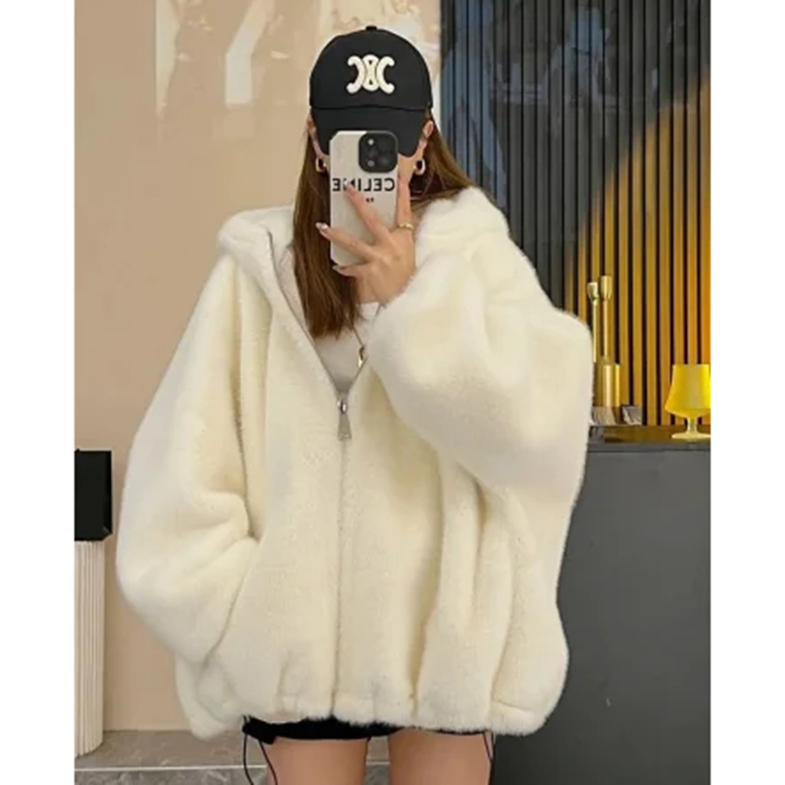 plus Size Women's Faux Rabbit Fur Coat Thickened Plush Loose Winter Coat with Hood Korean Sle Long Sleeve Mid-Length Jacket