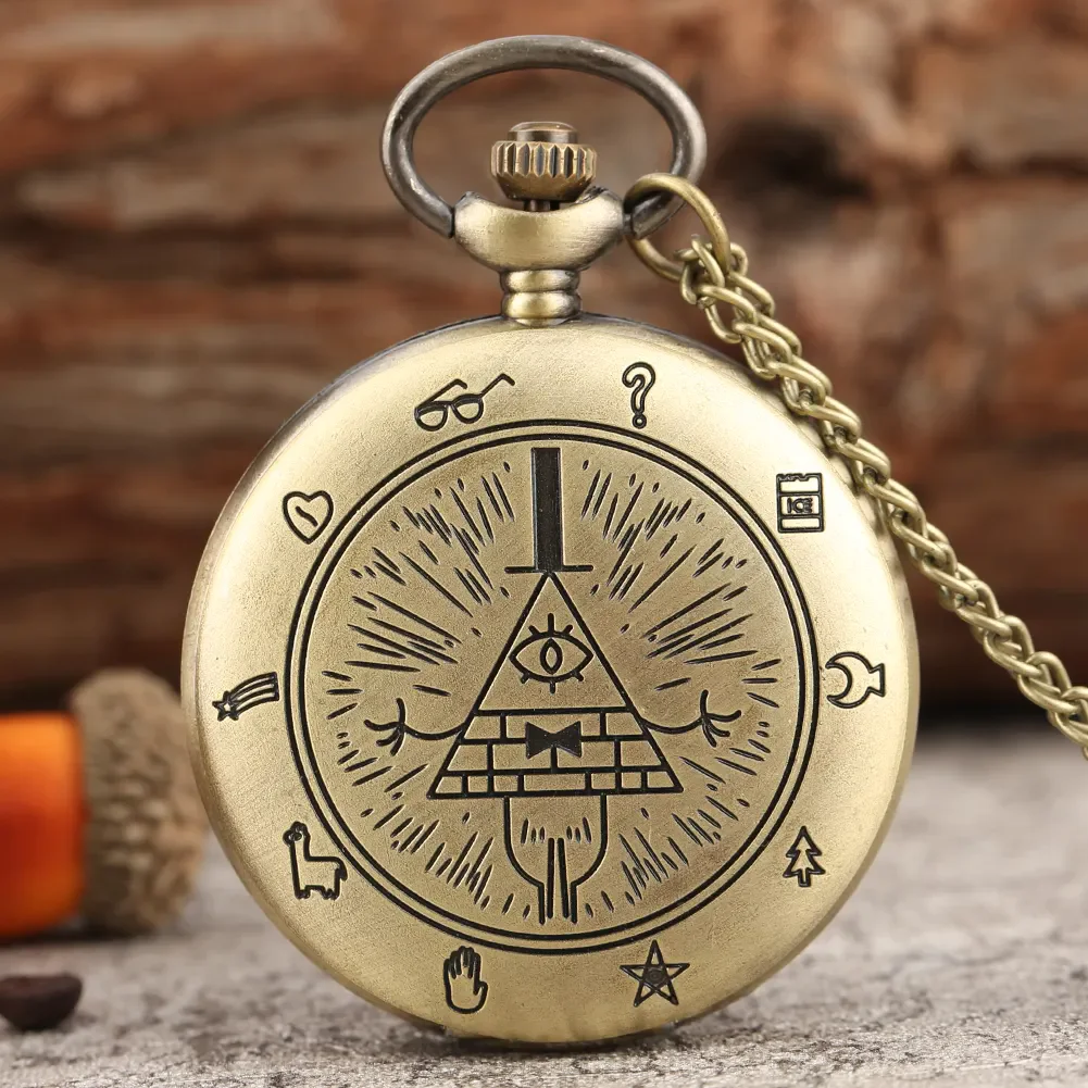 Retro Bronze Necklace Jewelry Chain Clock Quartz Analog Steampunk Bill Cipher Gravity Falls Pocket Watch For Men Gift