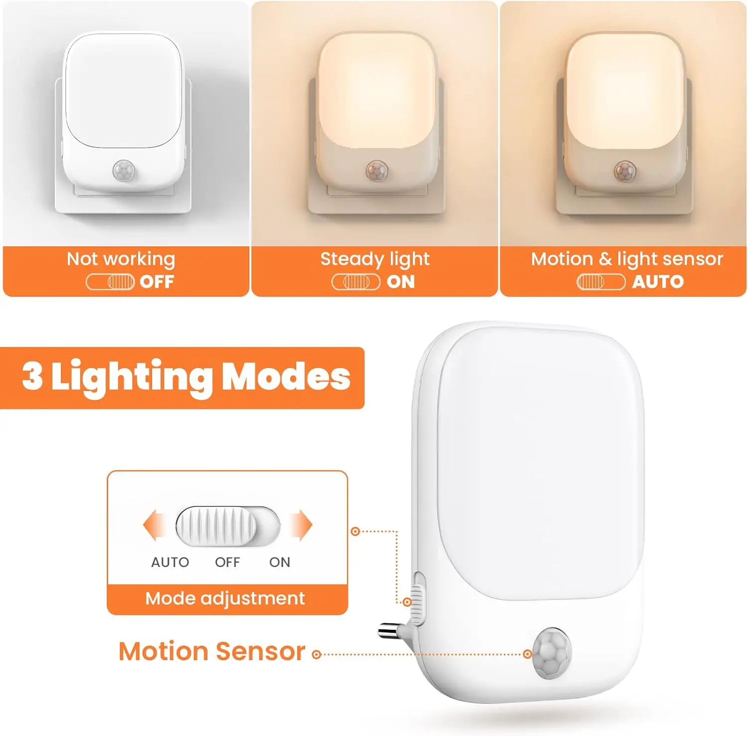 1szt/2szt EU Plug in LED Motion Sensor Night Lights for Kids Bedroom Auto Dusk to Dawn Sensor Dimmable Wireless Cabinet Lamp