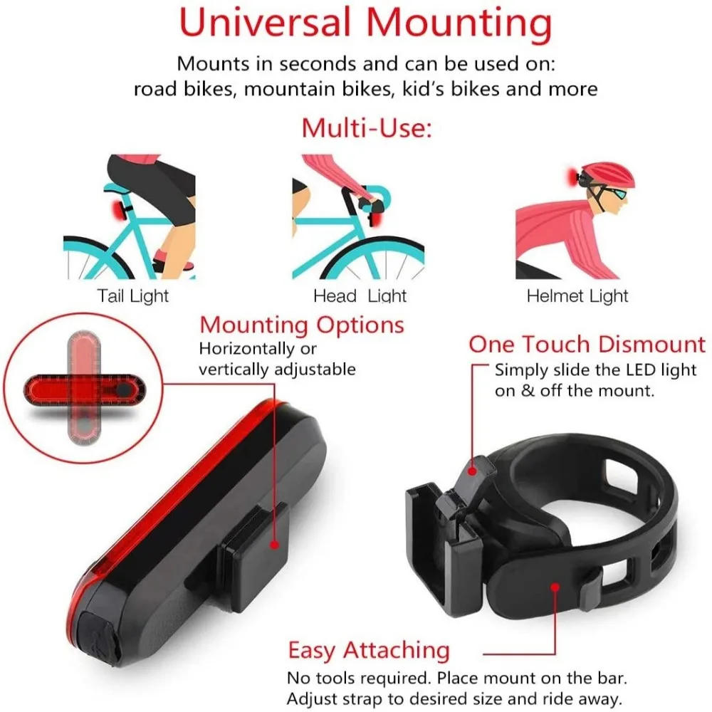 ไฟท้ายจักรยาน USB ชาร์จได้สีแดง, ไฟท้ายสว่างมากติดตั้งง่ายเพื่อความปลอดภัยในการปั่นจักรยาน