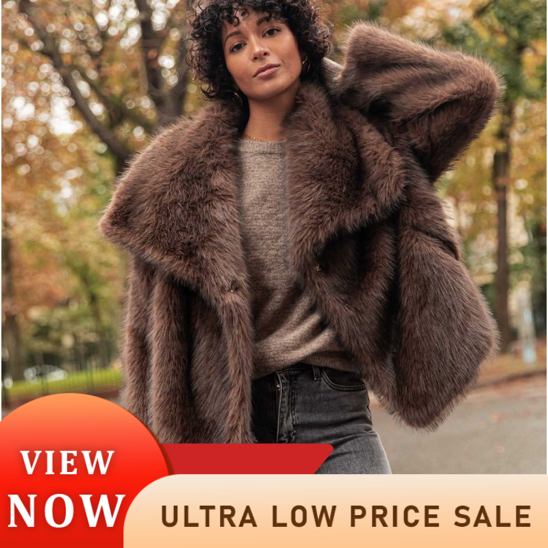 2024 Winter Luxury Lapel Solid Thicken Long Faux Fox Fur Coat Women Chic Oversized Cropped Fluffy Fur Jacket Lady Street Outwear