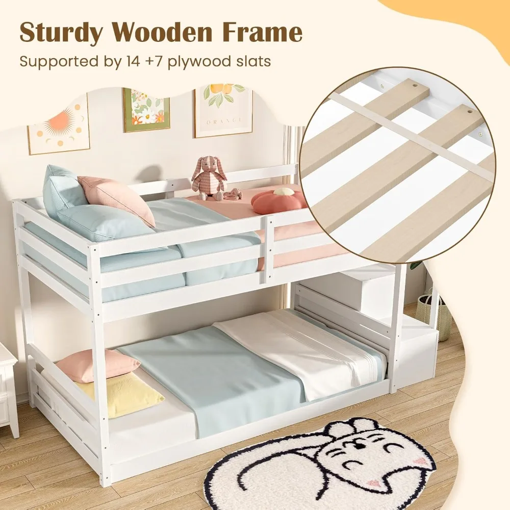 Twin Over Twin Bunk Bed with Stairs, Solid Wood Floor Bunk Bed with Storage Staircase & Full-Length Guardrails,