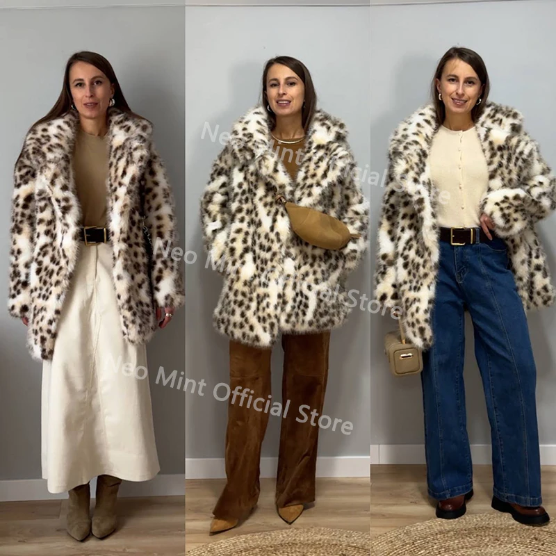 Casaco de pele de leopardo marrom longo para mulheres casaco de pele sintética, sobretudo, neo hortelã, marca de luxo, nova moda, marca quente, inverno, 2024