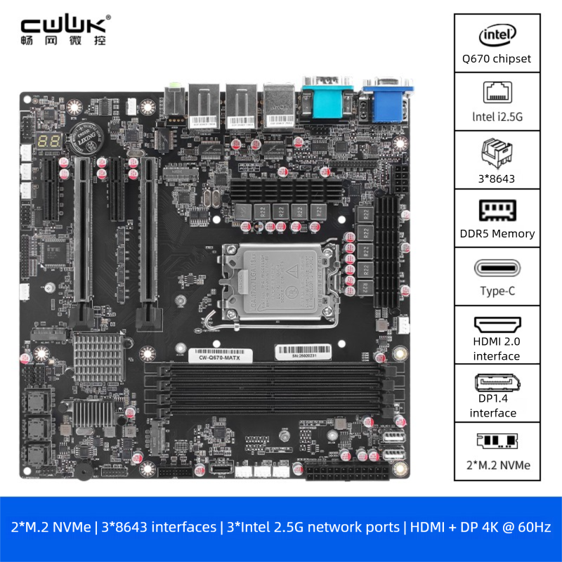 Материнская плата CWWK Q670 с 12 отсеками NAS M-ATX (LGA1700, 12-/13/14-го поколения. Настольный процессор)