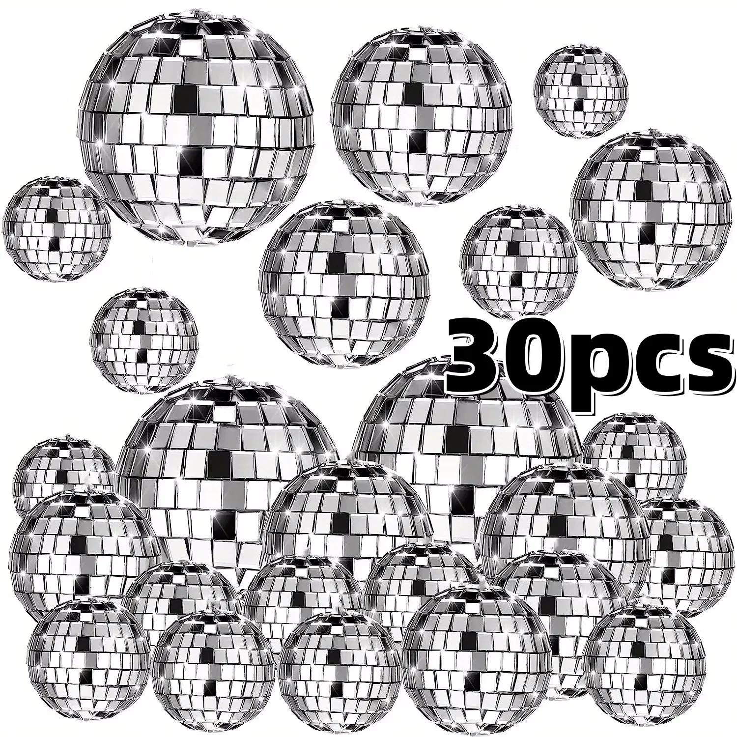 30pcs Mini Disco Ball Ornaments Reflective Glass Silver Baubles for Mardi Gras Disco Party Decor Sparkling Christmas Tree Gift