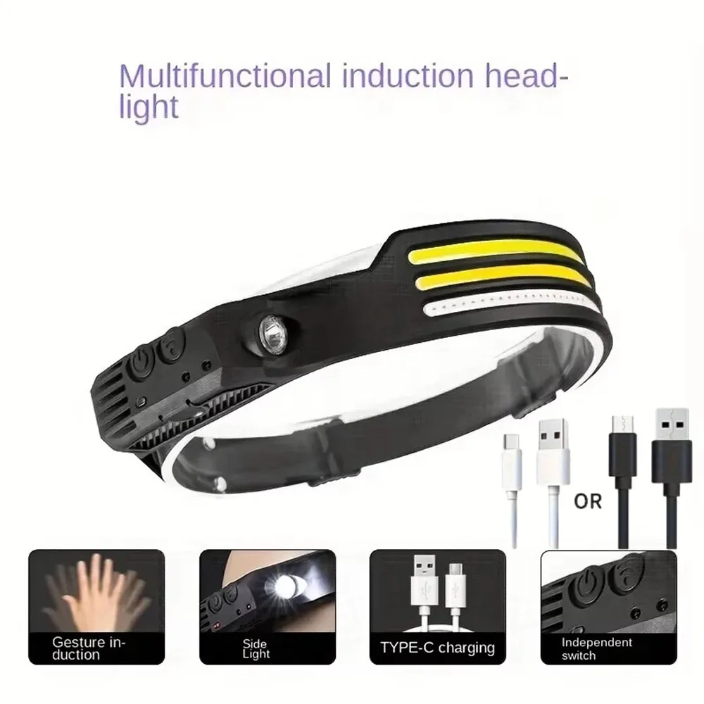 Inductie Krachtige LED-koplamp COB Beam Wave Sensor Hoofdlamp Zelfverdediging 5-modi USB Oplaadbare Running Camping Hoofdlamp
