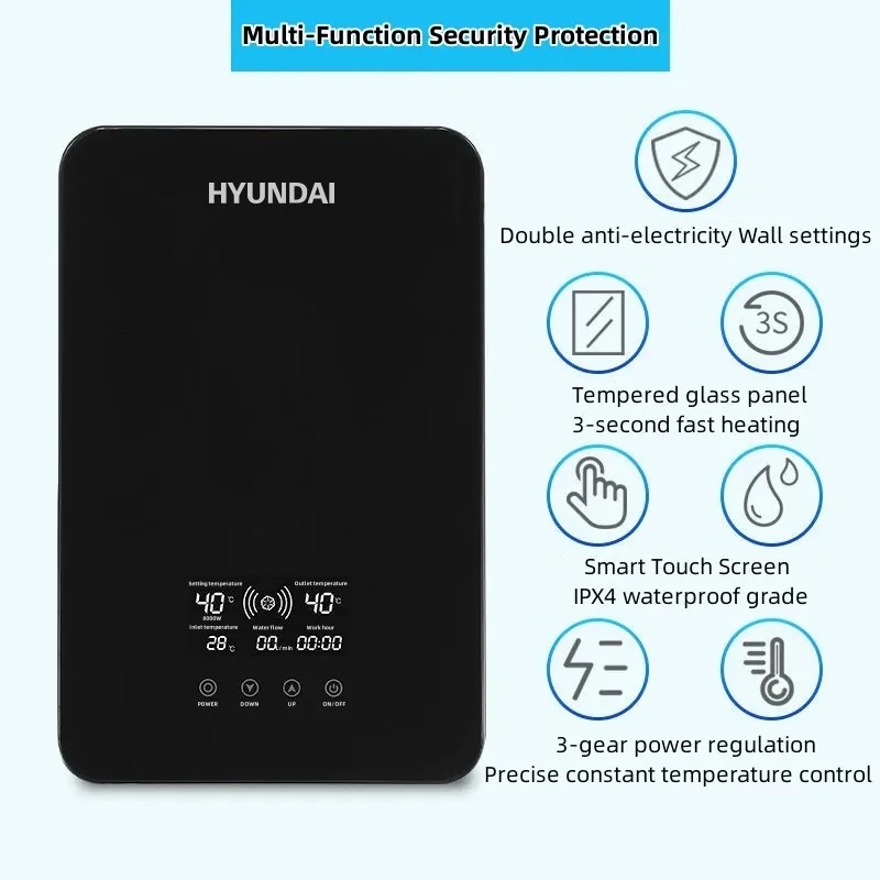 HYUNDAI Calentador de agua eléctrico pequeño Calentamiento rápido instantáneo Temperatura constante inteligente Ducha Baño Agua caliente ilimitada Pantalla de visualización inglesa Visualización en tiempo real