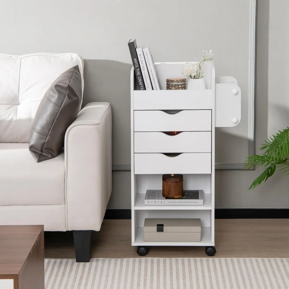 Rolling Storage Drawer Cart, Mobile Storage Cabinet with 3 Drawers, 2 Open Shelves, 2 Dowel Rods, Wooden Craft Organizer