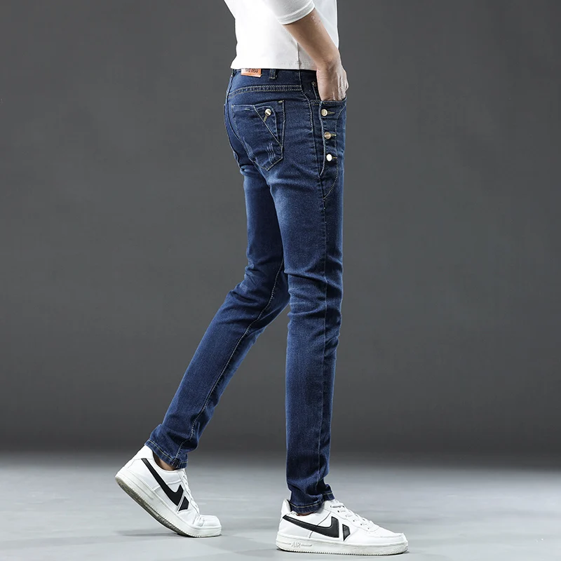 Pantalones vaqueros clásicos ajustados Vintage a la moda para hombre, pantalones elásticos de moda coreana con lavado gris y copo de nieve, pantalones vaqueros con múltiples botones
