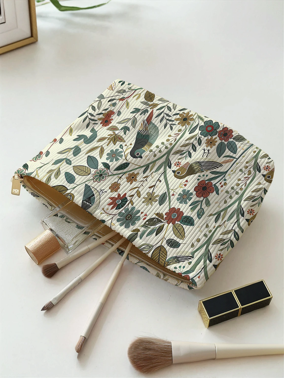 1 Stück, Make-up-Tasche aus Cord mit Reißverschluss und Zweigvogelmuster, leichte und multifunktionale Kosmetik-Aufbewahrungstasche