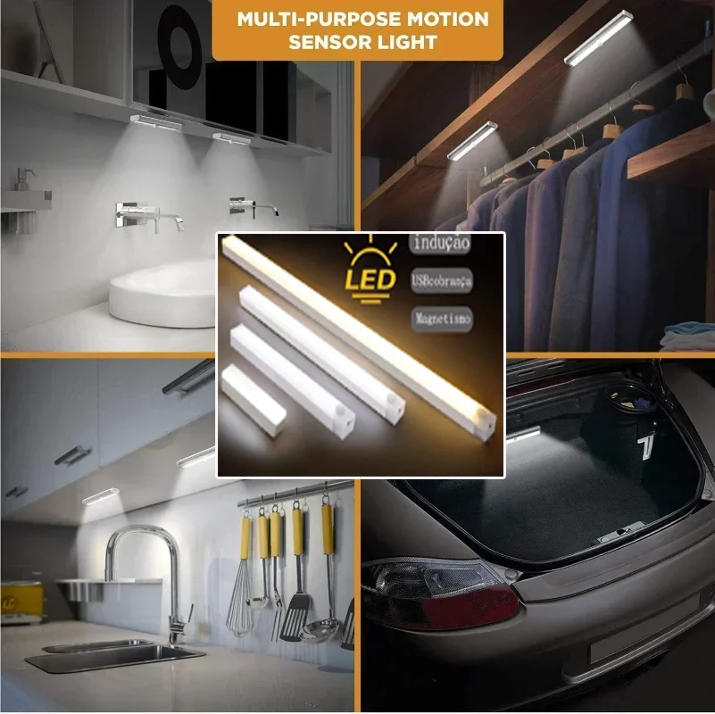 Bóng Đèn LED Cảm Ứng Chuyển Động Dưới Tủ USB Sạc Đèn Ngủ LED Cho Tủ Quần Áo Tủ Bếp Tủ Quần Áo Tủ