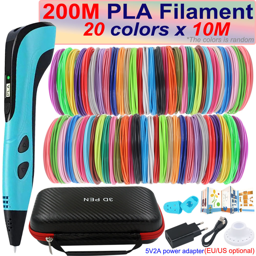 Новая детская 3D-ручка с ЖК-экраном, PLA и адаптером питания 200 м, дорожный футляр, подарок на Рождество и день рождения для детей