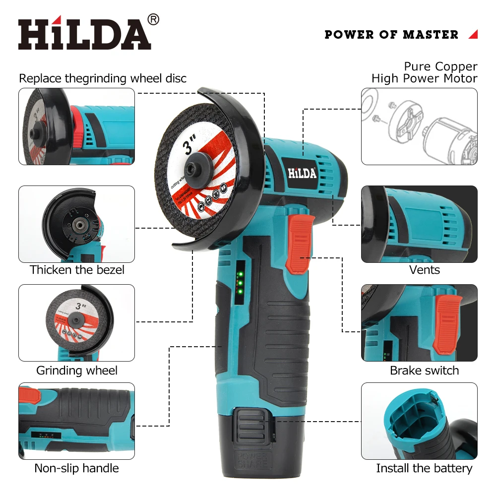 HILDA 12 V 3/4 Zoll Lithium-elektrischer Winkelschleifer, wiederaufladbarer Akku, bürstenlose/gebürstete Poliermaschine, Mini-Schneidemaschine