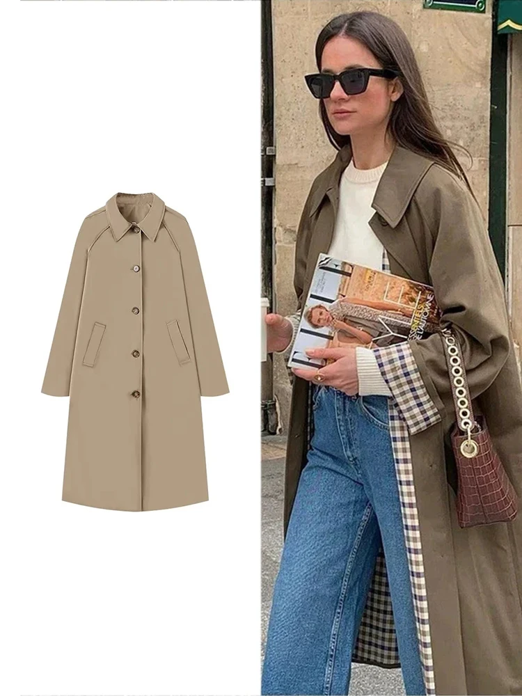 Moda feminina Casaco comprido de gabardina outono e inverno Lapela Manga comprida Casaco com um só peito Solto Cor pura Casaco de rua simples