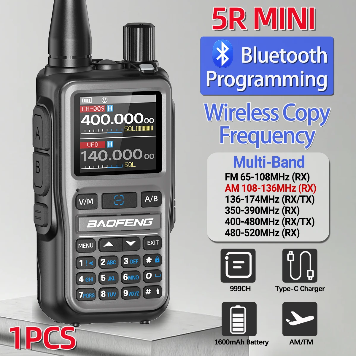 BAOFENG Walkie-Talkie, Vollband, UV-5R, Mini-Bluetooth-Programmierung, kabellose Kopierfrequenz, 2 PTT, AM, FM, Typ C, Langstrecken-Amateurfunk