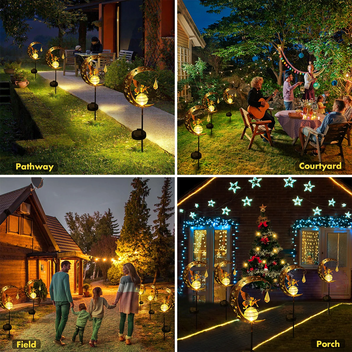 Decoração Solar ao ar livre Luz, Lua Fairy Lamp, Crackle Glass Globe com Angel, Pathway Stake, Ground Light